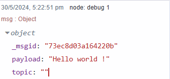Simple message object printed on debug panel by debug node Simple message object printed on debug panel by debug node